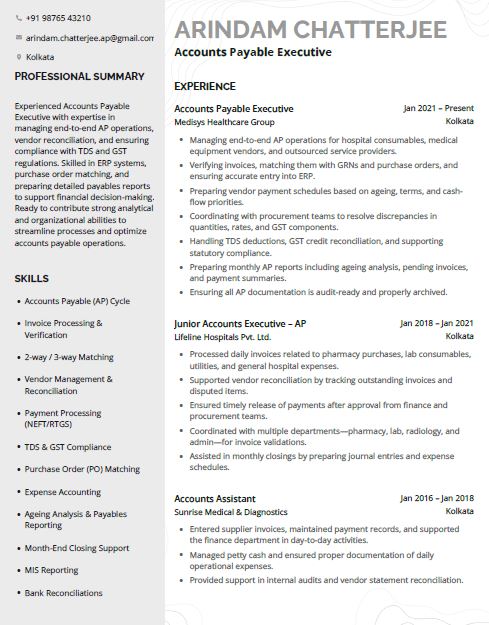 Accounts payable resume template and sample for Healthcare Industry