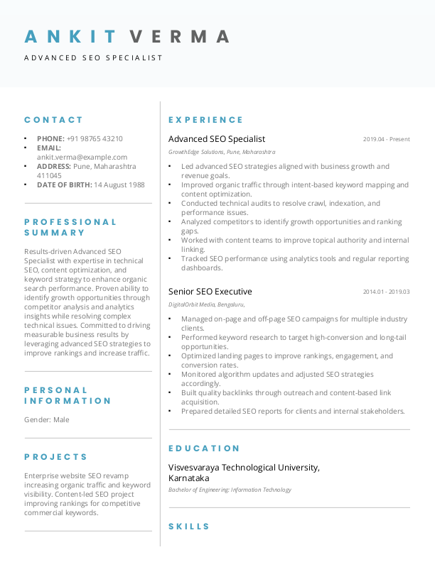 Advanced SEO Specialist Resume example to Download & Edit in Word