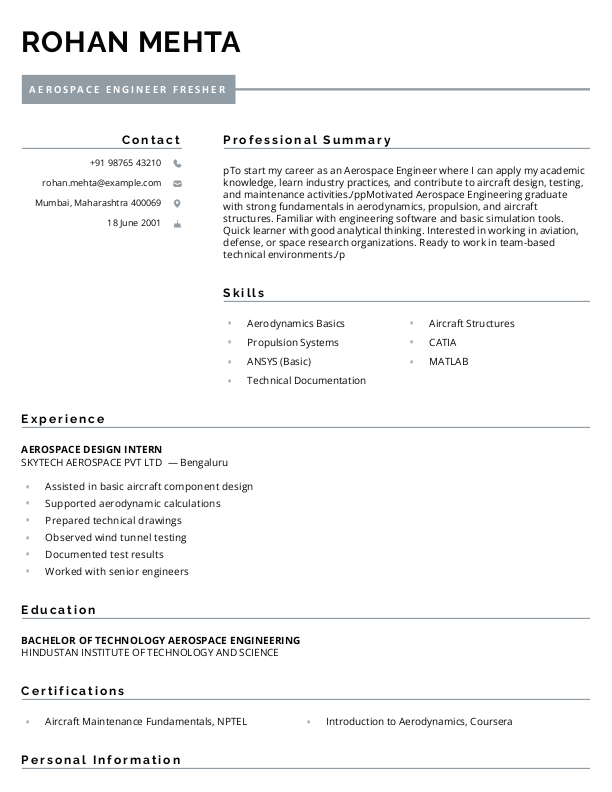 Aerospace engineer fresher Resume Format Free Download in Word