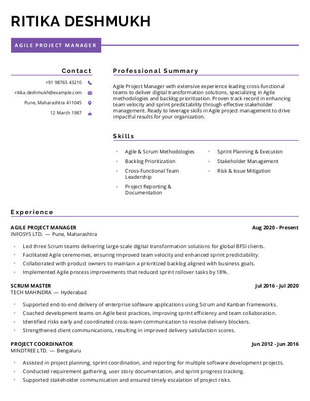 Agile Project Manager Resume Format and Template in Word