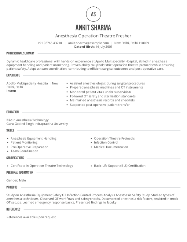 Anesthesia Operation Theatre fresher Resume Format Free Download in Word