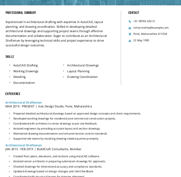 Architectural Draftsman Resume example to Download & Edit in Word