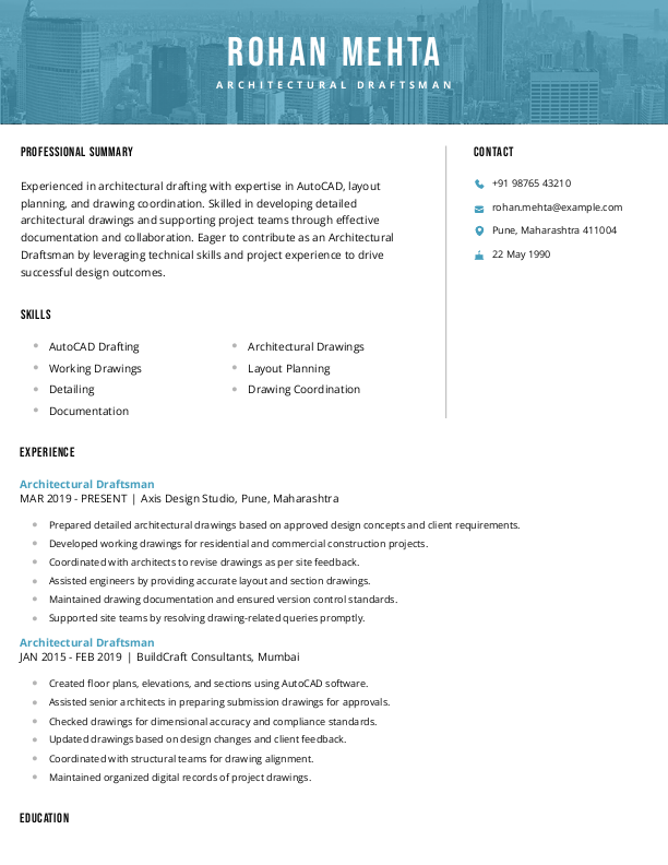 Architectural Draftsman Resume example to Download & Edit in Word