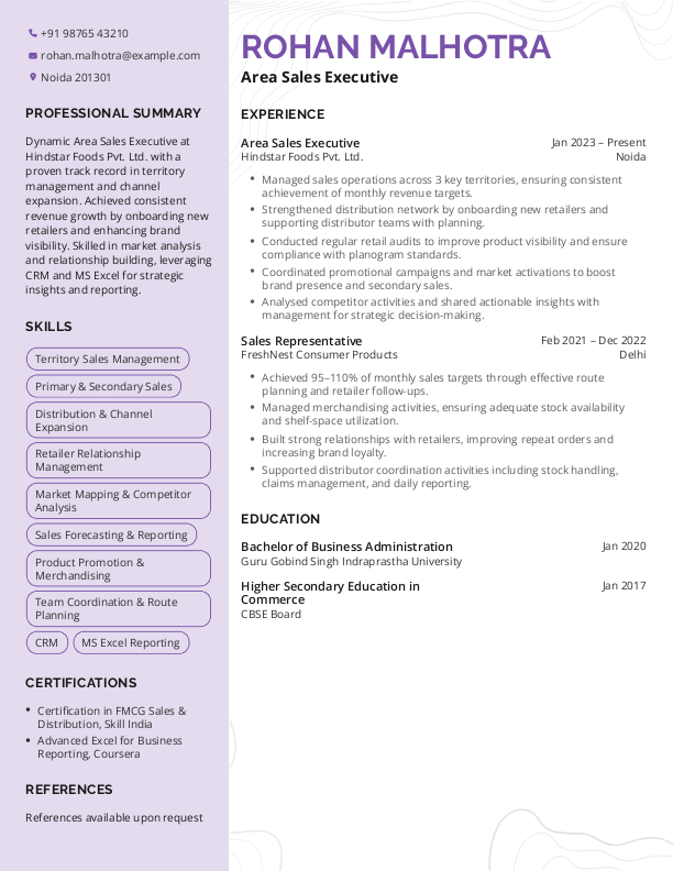 Area Sales Executive -FMCG Resume Format and Template in Word