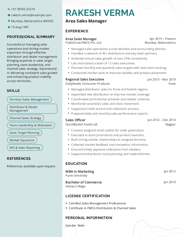 Area Sales Manager Resume Format Free Download in Word