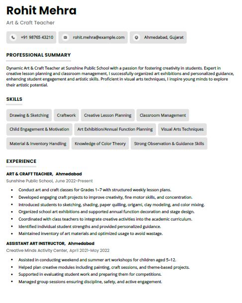Art and Craft Teacher free Resume Example and Template in word