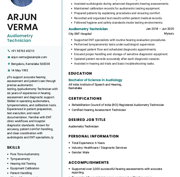 Audiometry technician Resume example to Download & Edit in Word