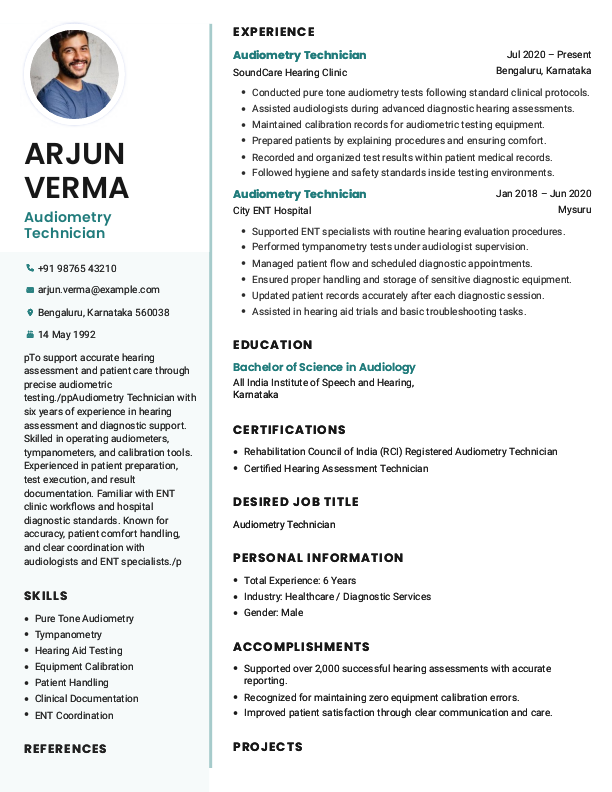 Audiometry technician Resume example to Download & Edit in Word