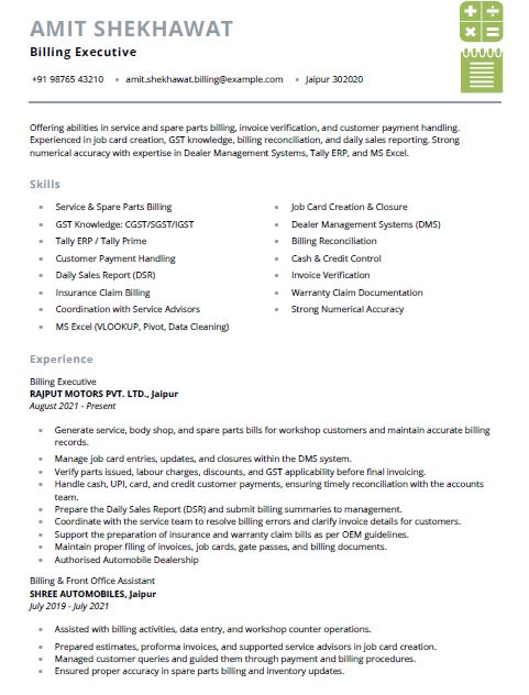 Automobile Billing Executive Resume Template and Sample in word