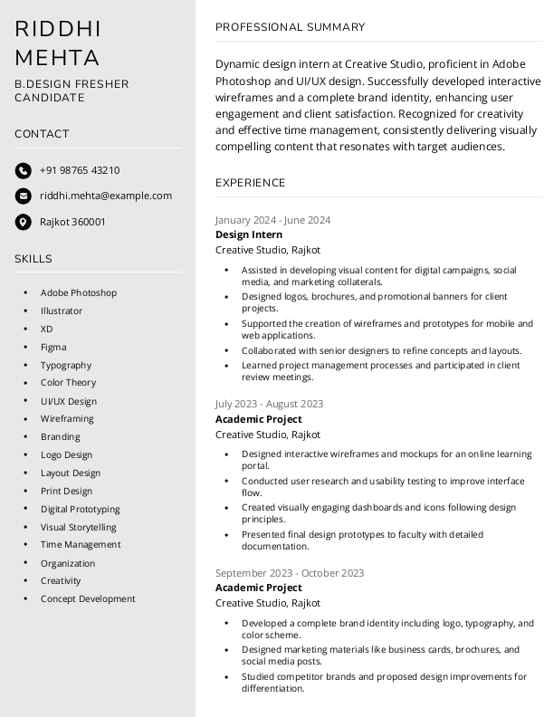 BDes Fresher Resume Format Free Download in Word