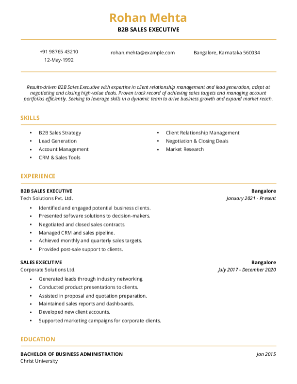 B2B Sales Executive Resume format to Download & Edit in Word