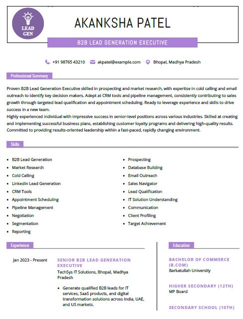 Lead Generation Executive Resume Format Free Download in Word