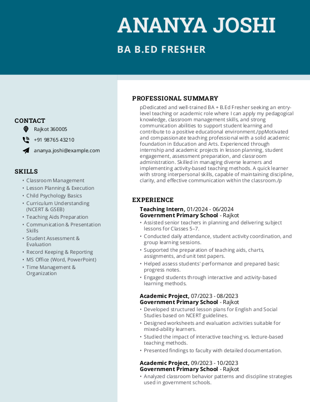 BA BEd Fresher Resume Format and Template in Word