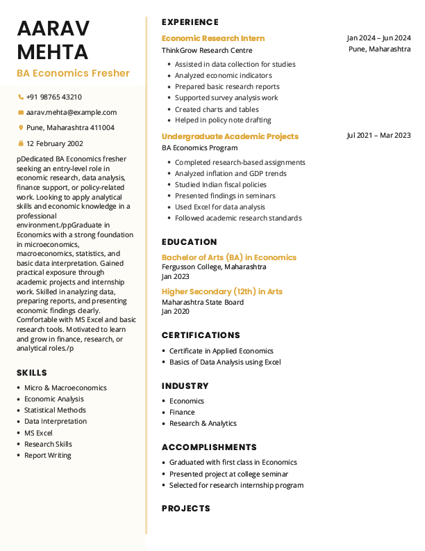 BA Economics Fresher Resume Format Free Download in Word