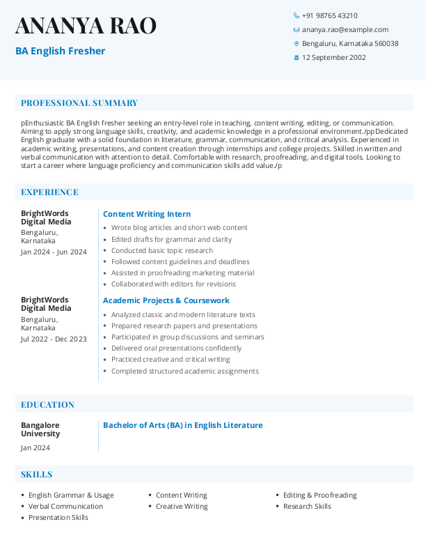 BA English Fresher Resume Format Free Download in Word