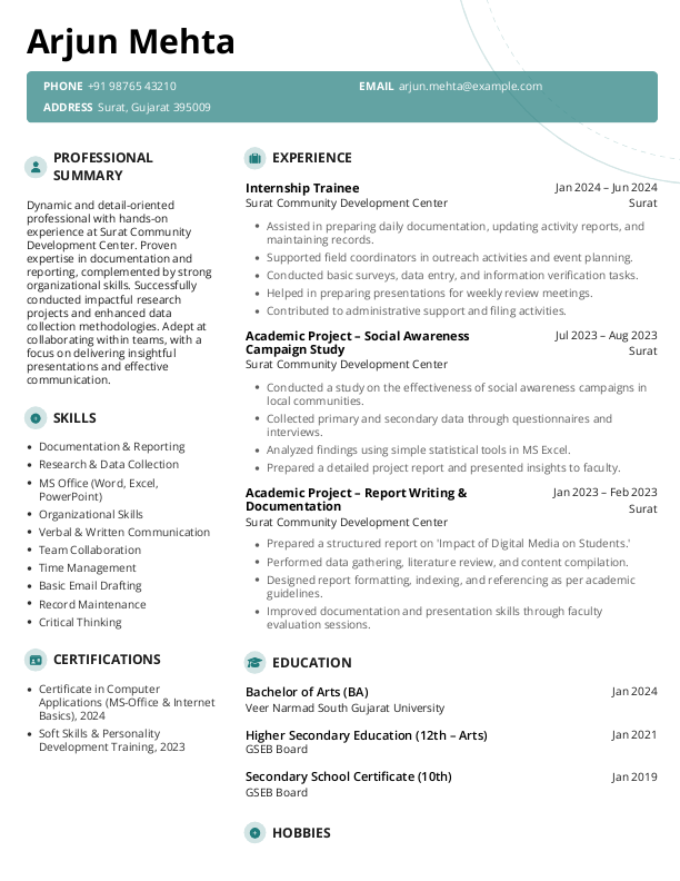 BA Fresher Resume Format and Template in Word