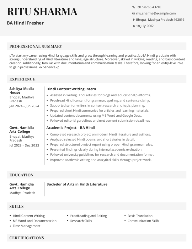 BA Hindi Fresher Resume Format to Download & Edit in Word