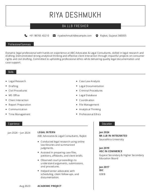 BA LLB Fresher Resume Format and Template in Word