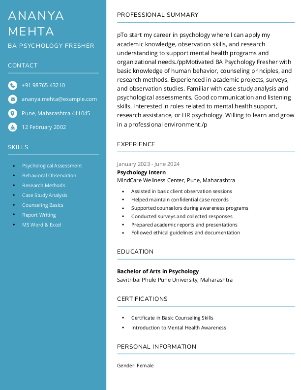 BA Psychology fresher Resume Format Free Download in Word