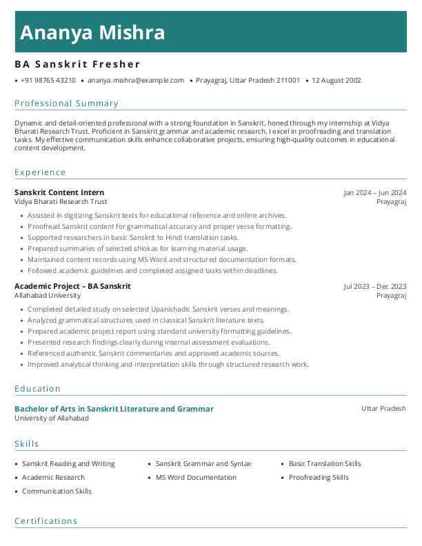 BA Sanskrit Fresher Resume Format to Download & Edit in Word