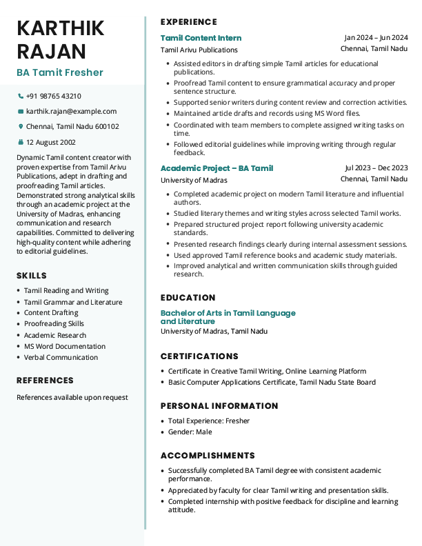 BA Tamil Fresher Resume Format to Download & Edit in Word