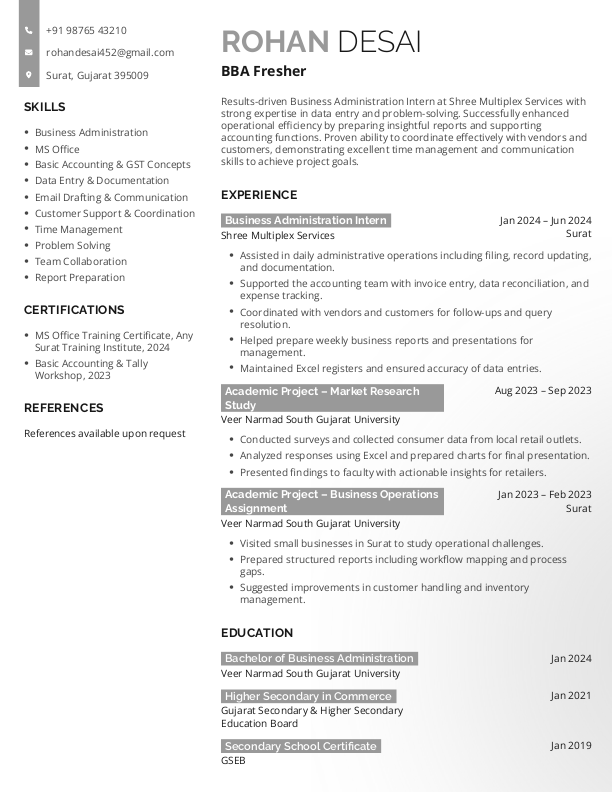 BBA Fresher Resume Format and Template in Word