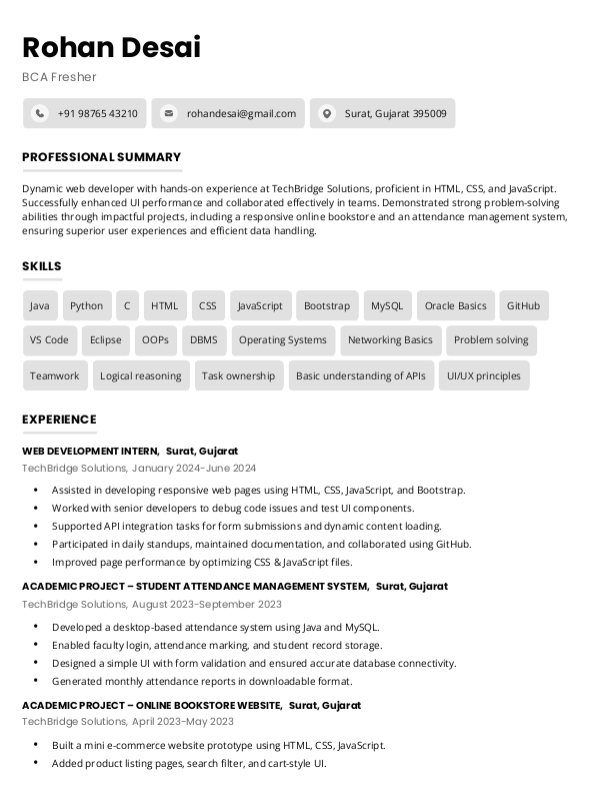 BCA Fresher Resume Format and Template in Word