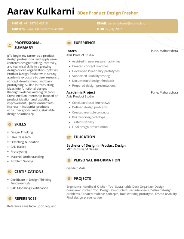 BDes Product design Fresher Resume Format Free Download in Word