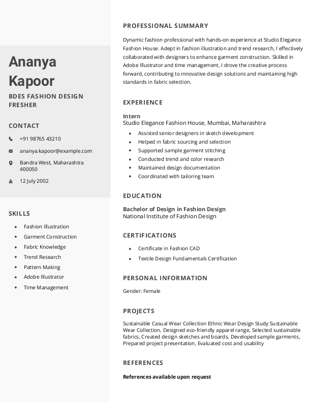 BDes fashion design Fresher Resume Format Free Download in Word