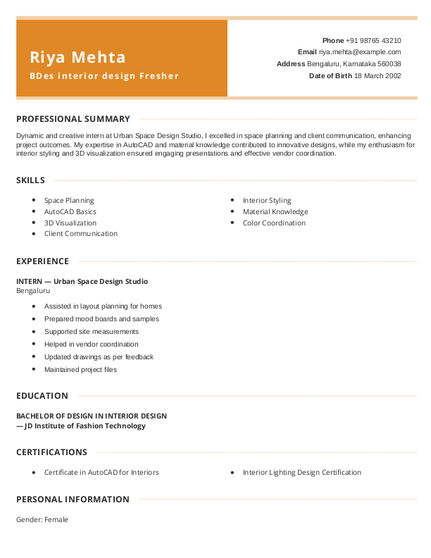 BDes interior design Fresher Resume Format Free Download in Word