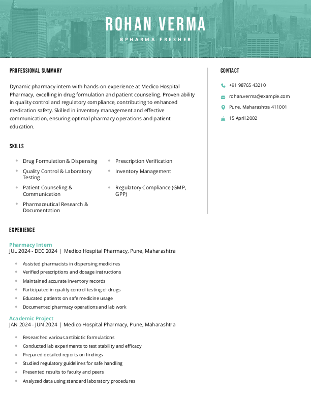 BPharma Fresher Resume Format Free Download in Word