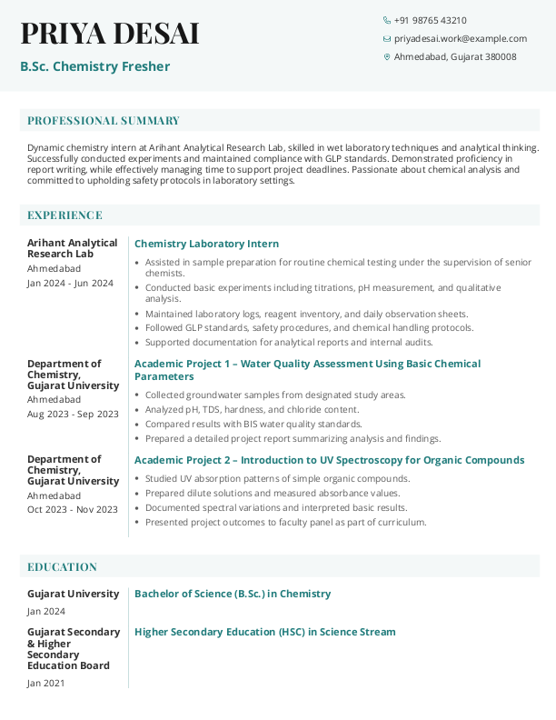 BSc Chemistry Fresher Resume Format Free Download in Word