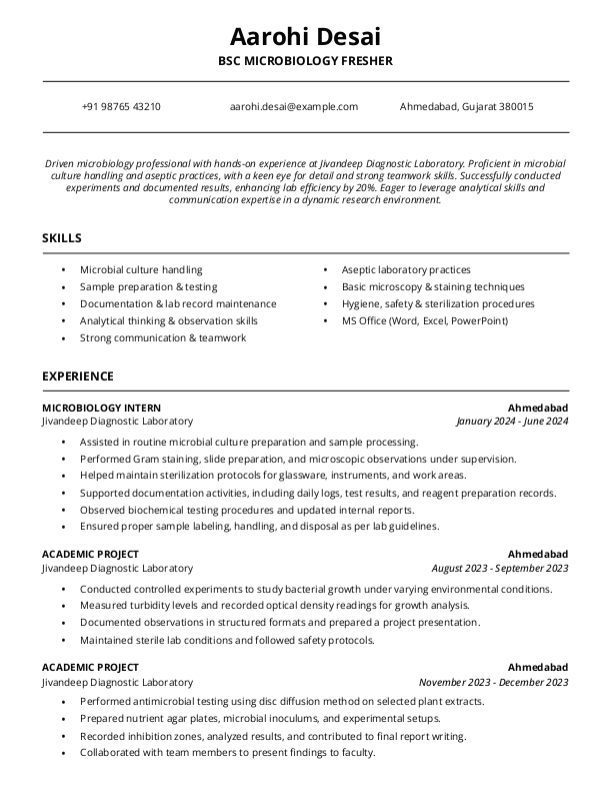 BSC Microbiology Fresher Resume Format and Template in Word