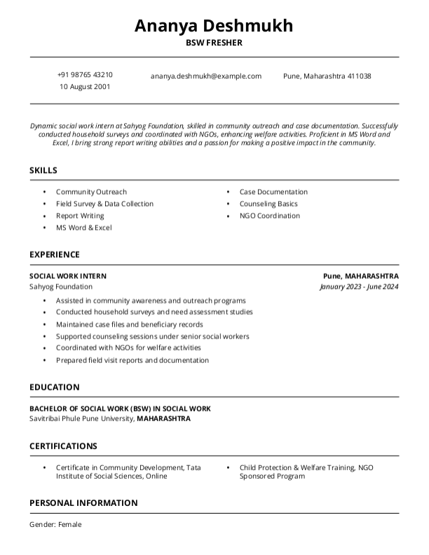 BSW Fresher Resume Format Free Download in Word