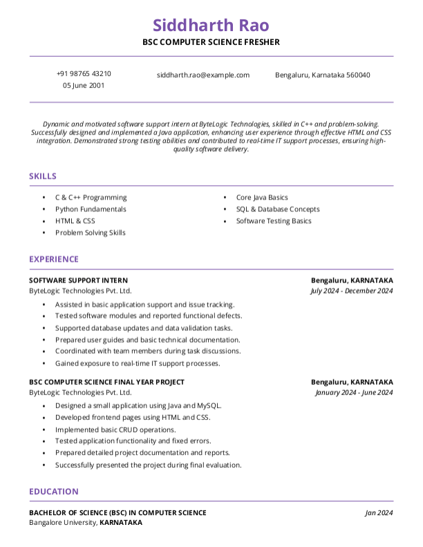 BSc Computer Science Fresher Resume Format Free Download in Word