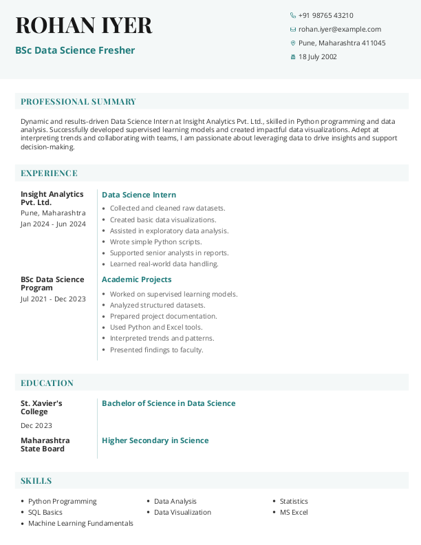 BSc DataScience Fresher Resume Format Free Download in Word