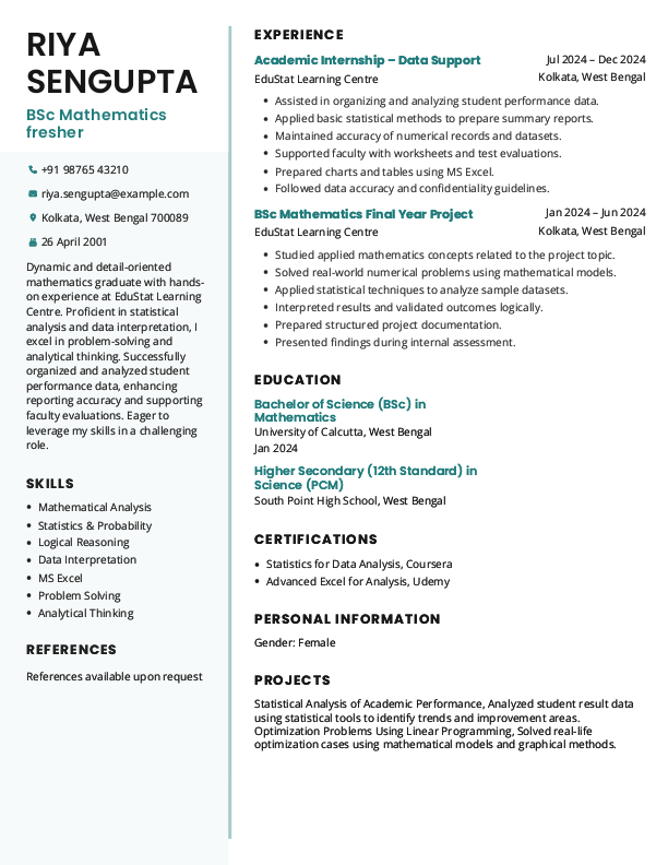 BSc Mathematics fresher Resume Format Free Download in Word