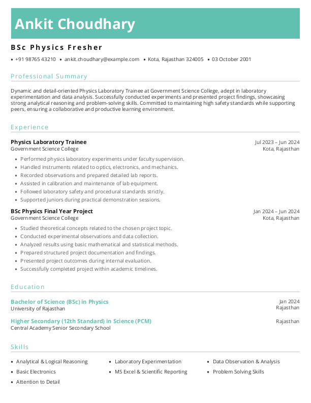 BSc Physics Fresher Resume Format Free Download in Word
