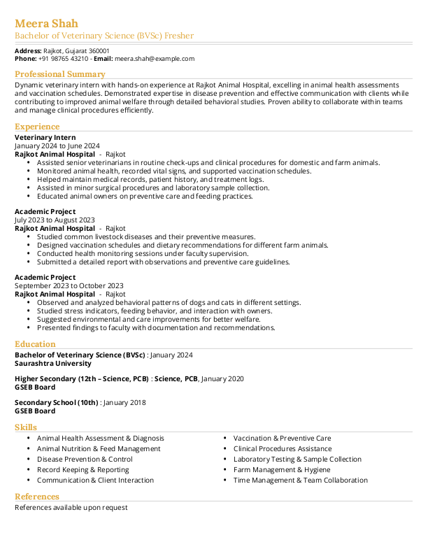 BVSc Fresher Resume Format and Template in Word