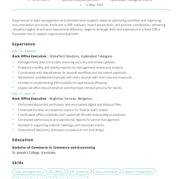 Back Office Executive Resume example to Download & Edit in Word