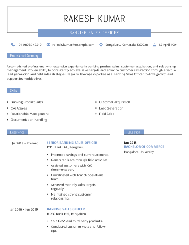 Banking Sales Officer Resume format to Download & Edit in Word