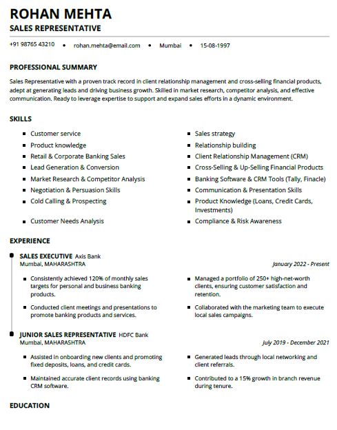 Banking Sales Representative Resume Format Free Download in Word