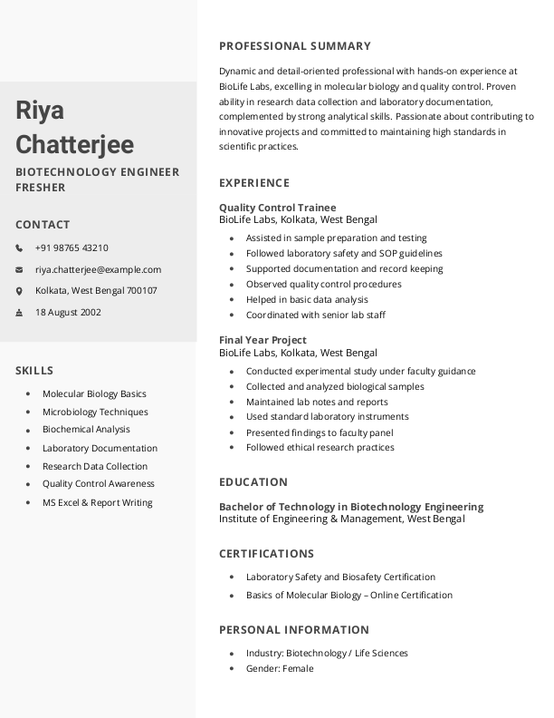 Biotechnology Engineer fresher Resume Format Free Download in Word