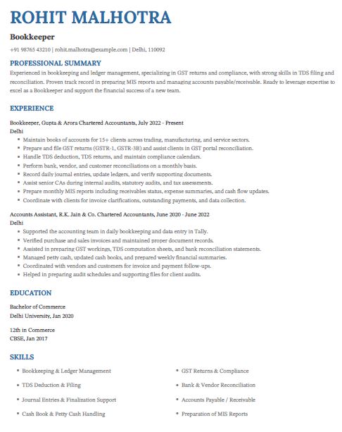 Bookkeeper resume template and sample in word working in CA firm