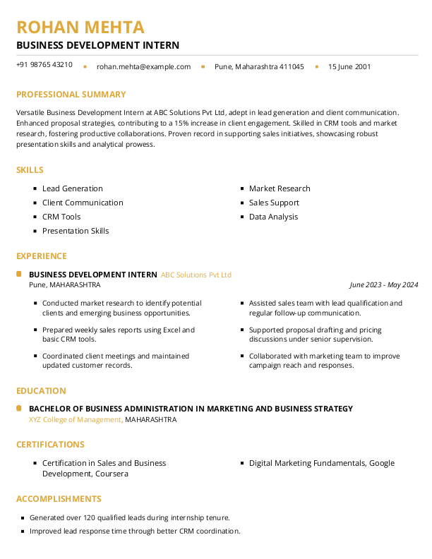 Business Development Intern Resume example to Download & Edit in Word