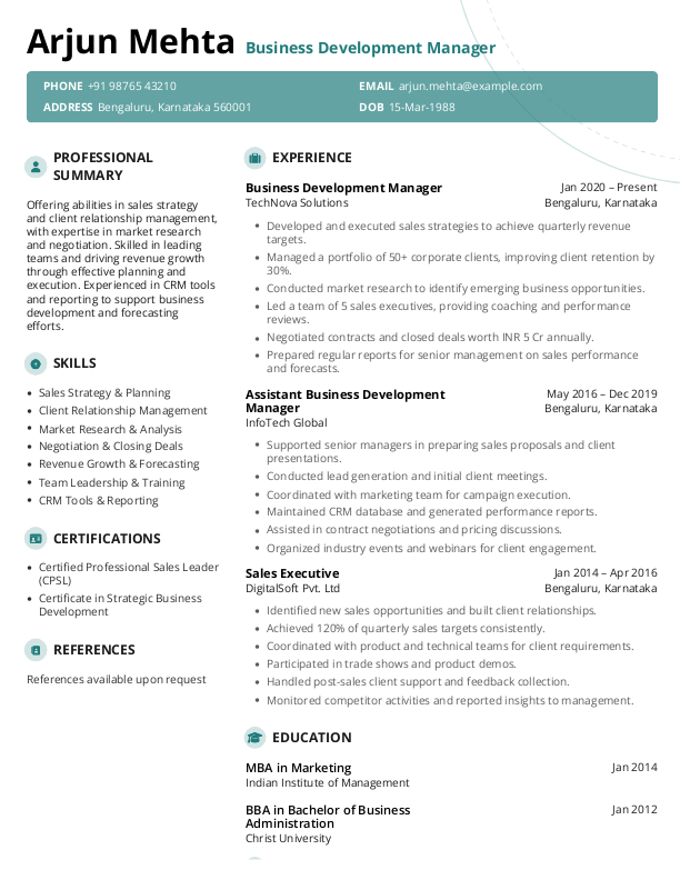 Business Development Manager Resume Format Free Download in Word