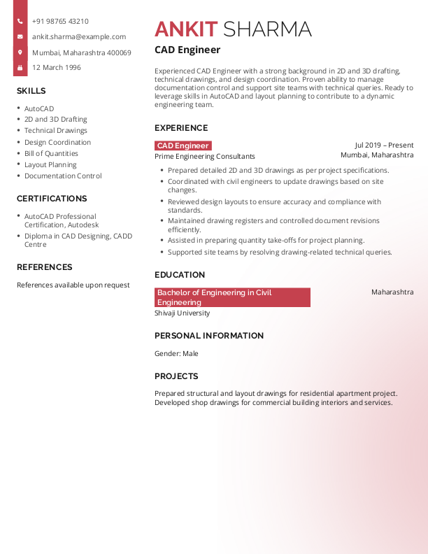 CAD Engineer Resume example to Download & Edit in Word