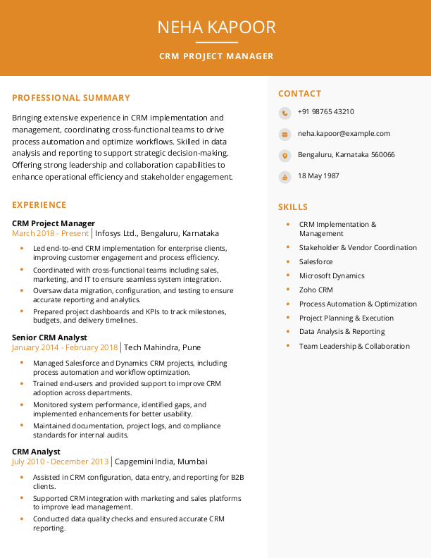 CRM Project Manager Resume Format and Template in Word