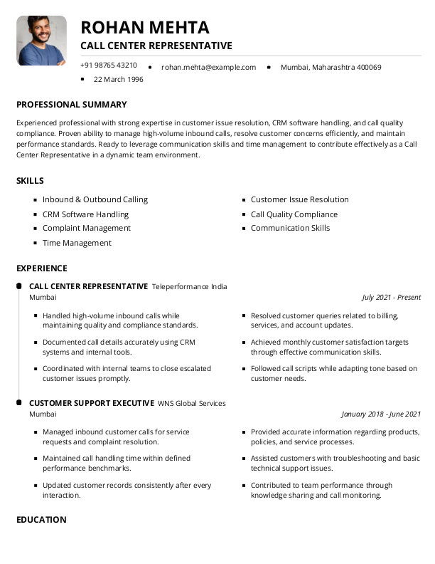 Call Center Representative Resume format to Download & Edit in Word