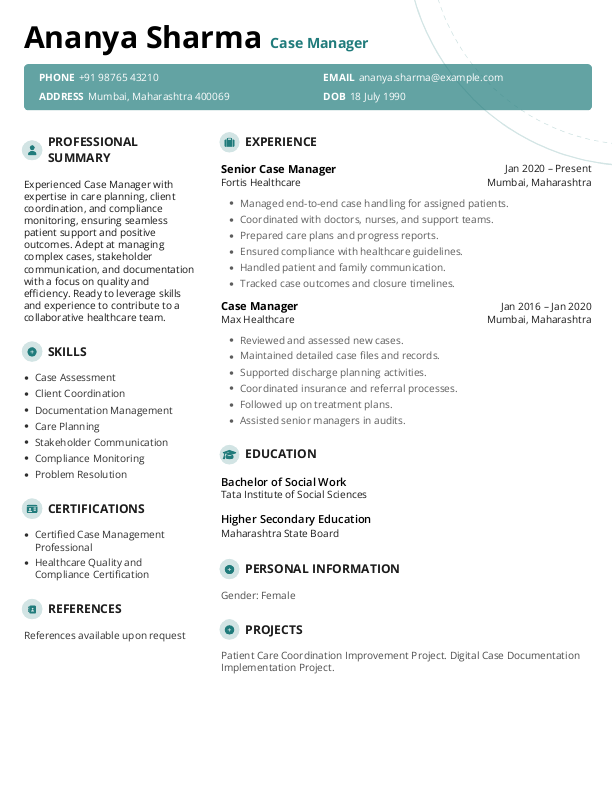 Case manager Resume format to Download & Edit in Word